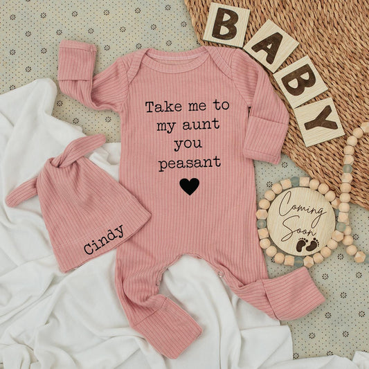 Take Me To My Aunt Peasant Bodysuit Set – Cindy Hat Funny Baby Outfit, Sarcastic Auntie Gift, Newborn Coming Home Clothes, Cotton Romper (139 chars)