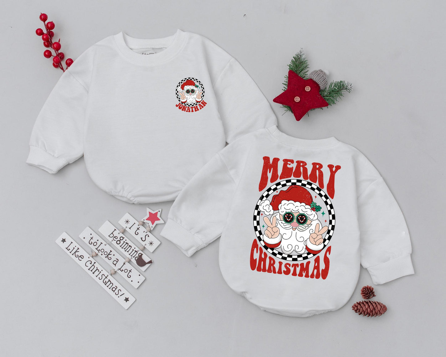 Personalized Vintage Santa Baby Romper – First Christmas Outfit
