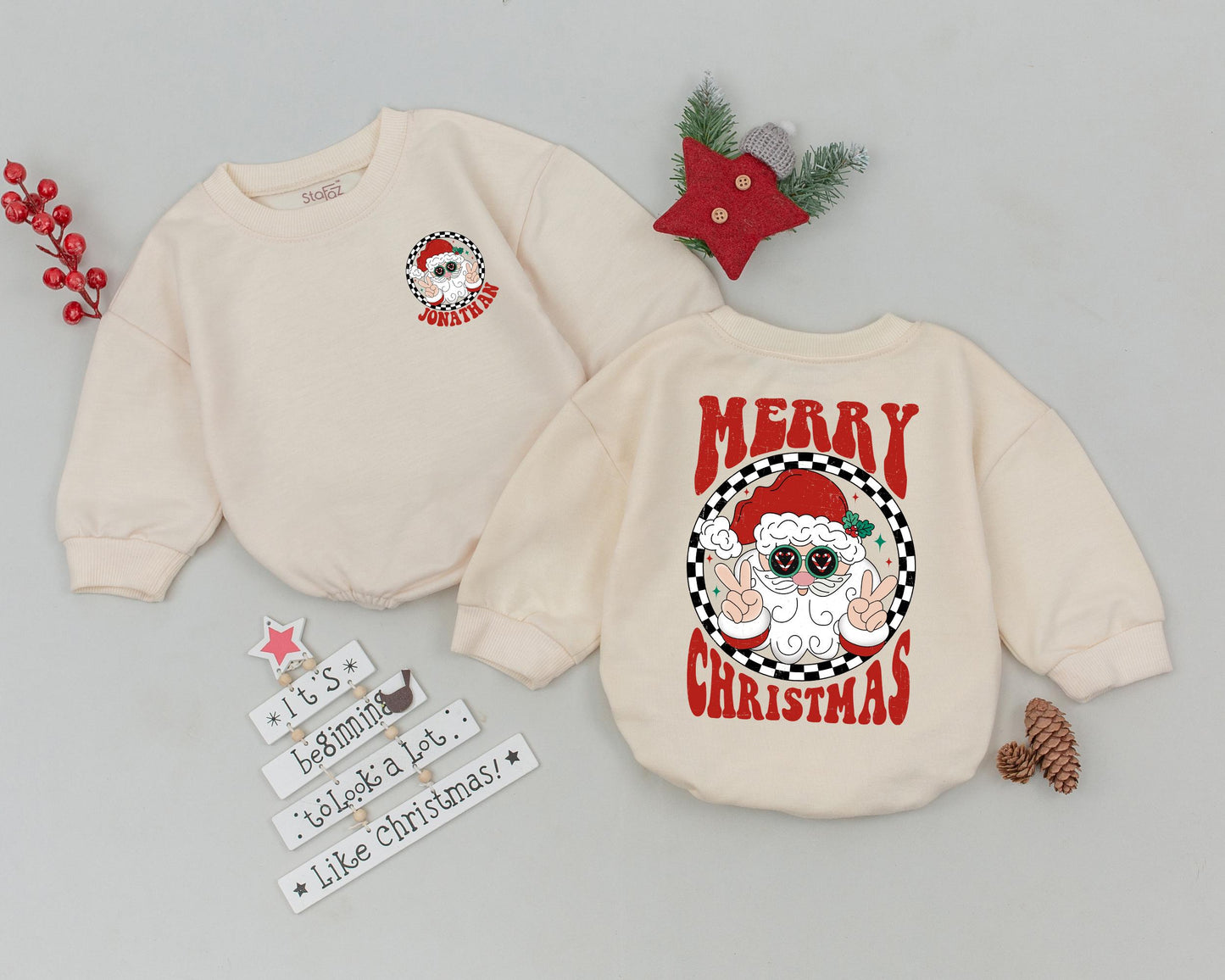 Personalized Vintage Santa Baby Romper – First Christmas Outfit