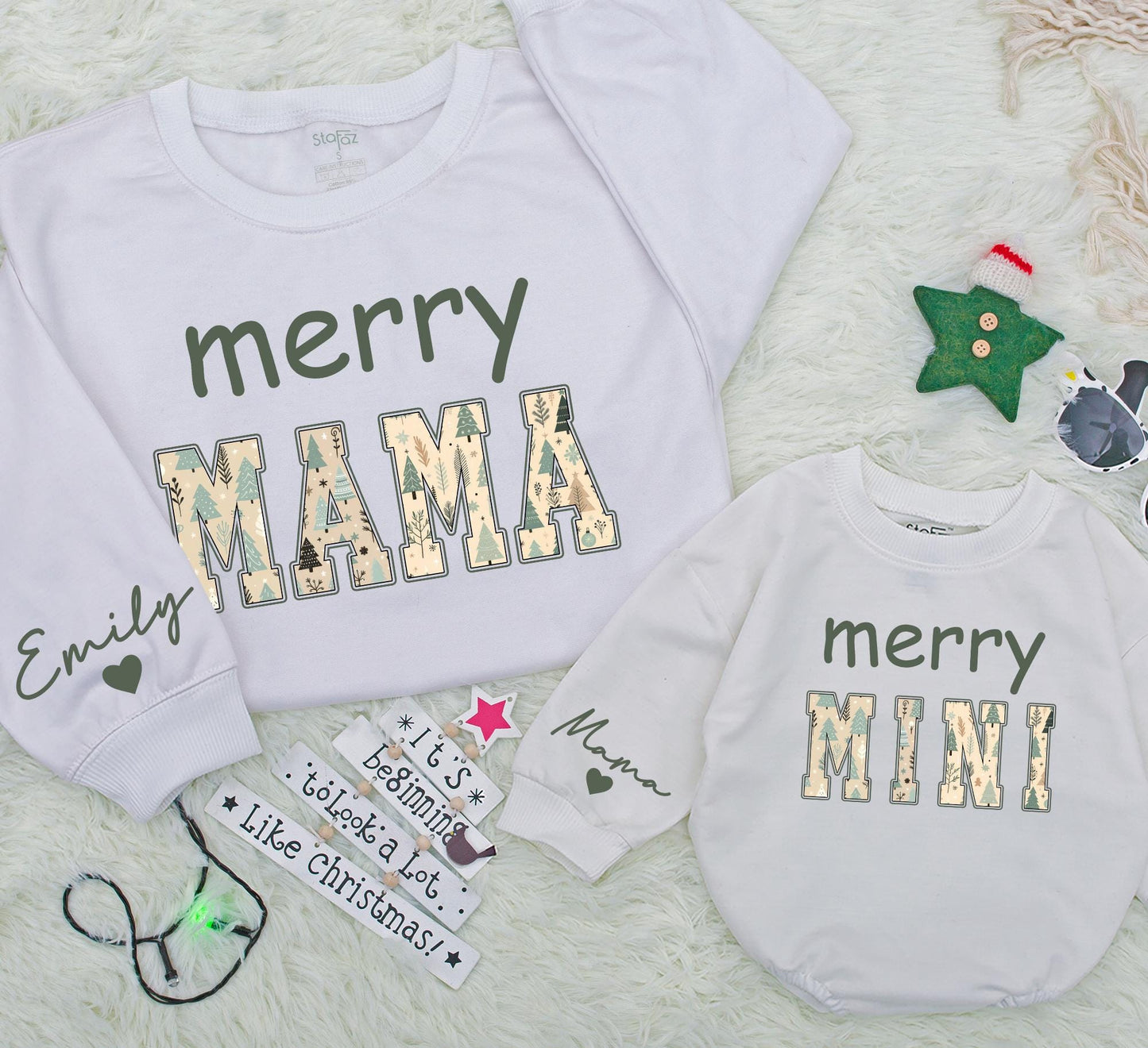 Merry Mama & Mini Matching Christmas Sweatshirt Set, Personalized Name Sleeve, Festive Green Holiday Outfit, Baby Girl Romper Gift, Playful Winter Style (138)