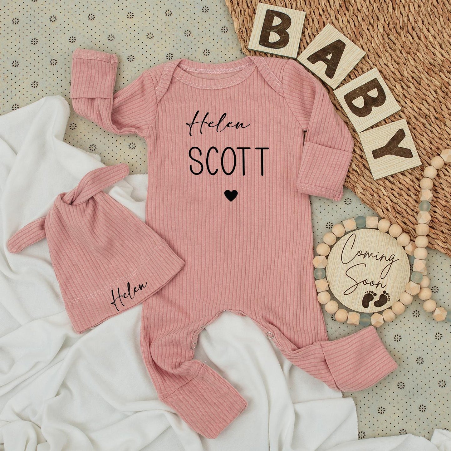 Personalized Helen Scott Baby Bodysuit & Hat Set, Custom Name Newborn Girl Outfit, Minimalist Modern Baby Shower Gift, Take Home