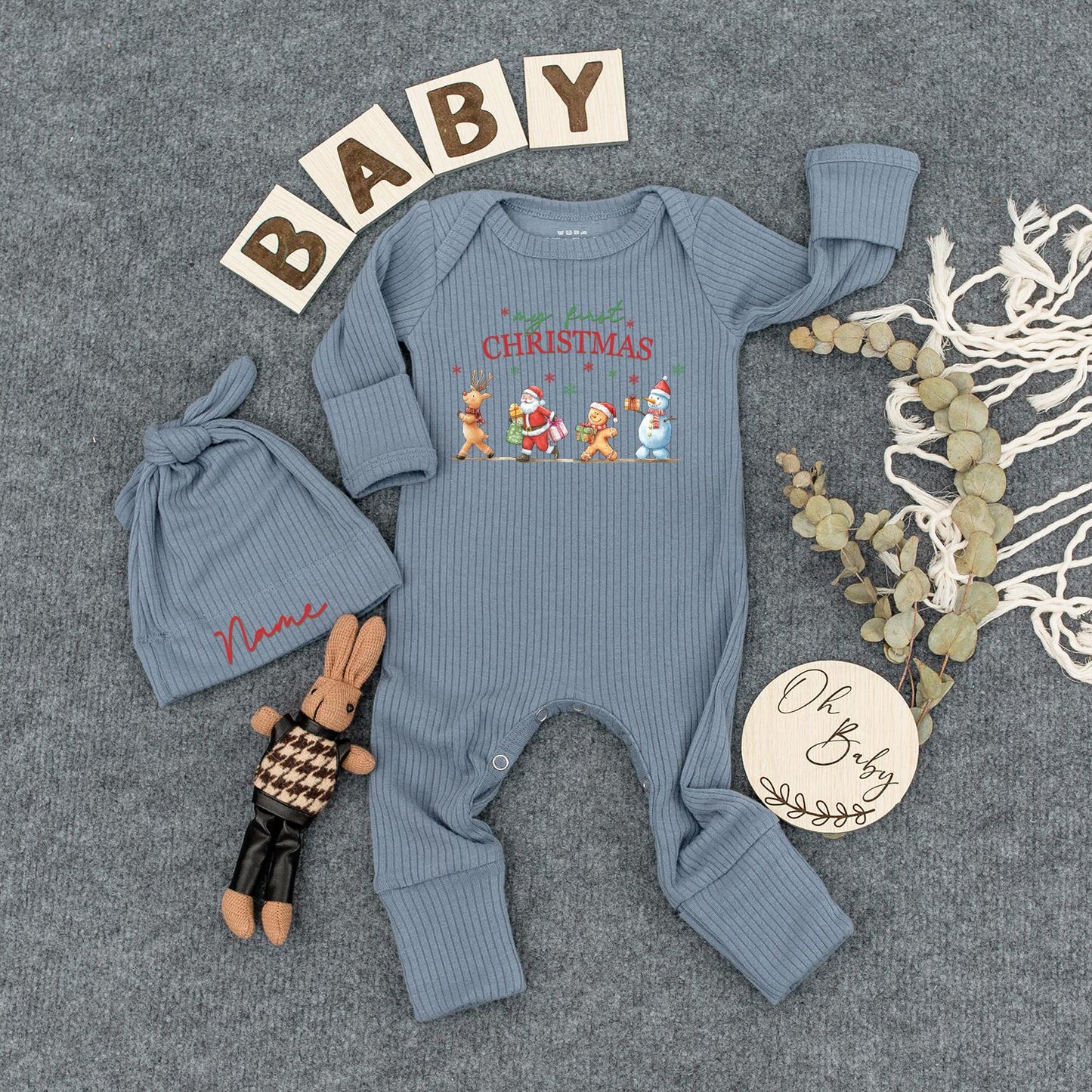 My First Christmas Baby Bodysuit & Hat Set, Reindeer Santa Design, Newborn Girl Boy 1st Xmas Gift, Coming Home Outfit