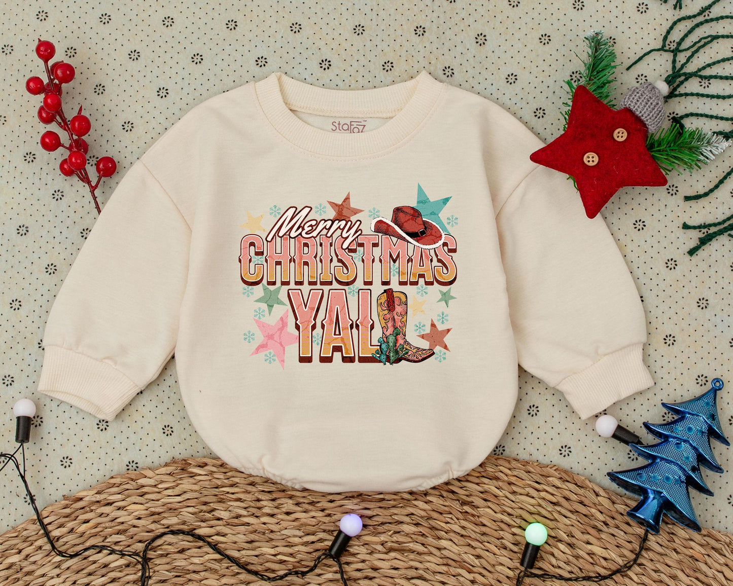 Western Christmas Bubble Romper: Vintage Outfit & Baby Shower Gift