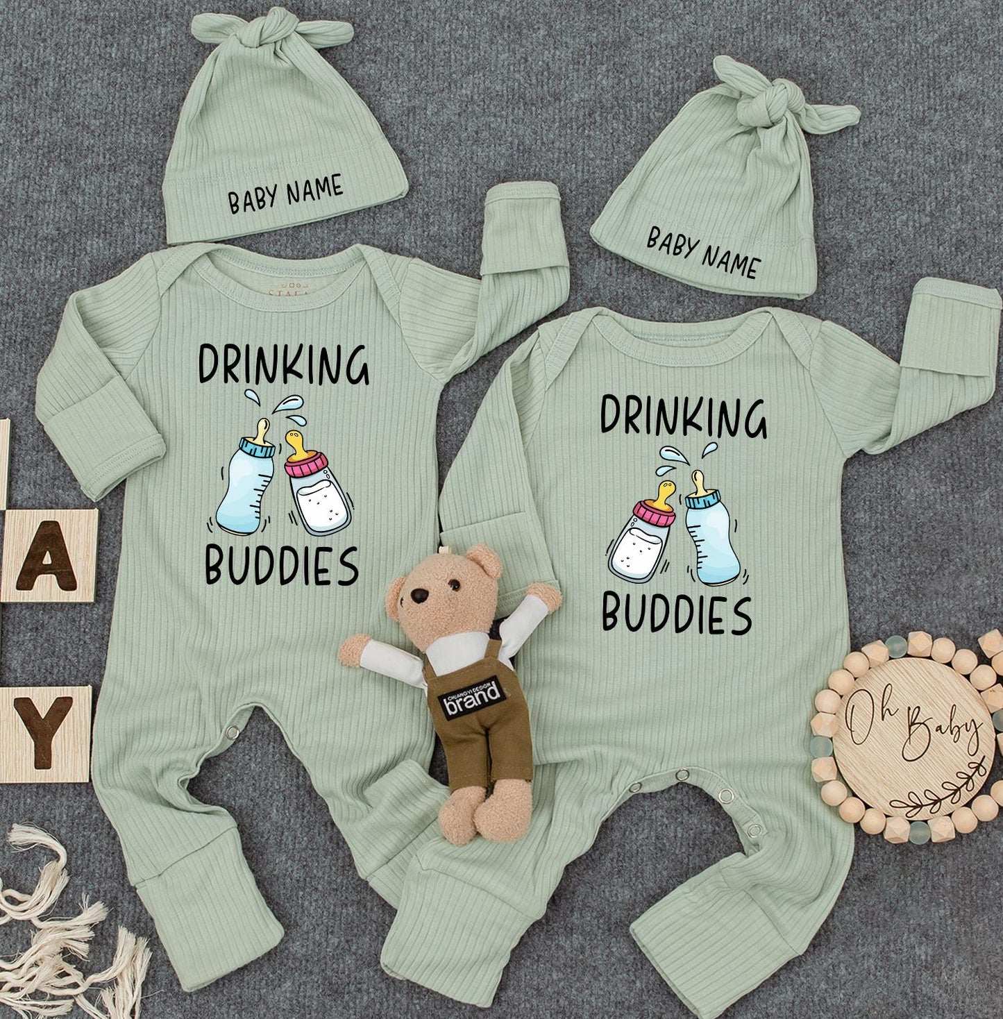 Drinking Buddies Personalized Romper: Custom Name on Hat, Funny Twin Newborn Outfit, Cute Baby Boy Girl Bodysuit, Womb Mates Double Trouble Gift 136