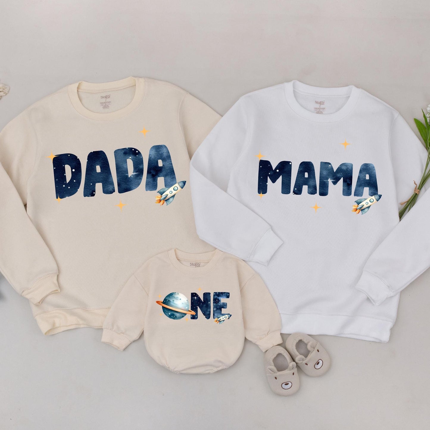 Dada Mama One Space Birthday Sweatshirt Galaxy First Trip Around The Sun Rocket Ship Outfit Personalized 1st Birthday Boy Astronaut Theme Family Gift (139)