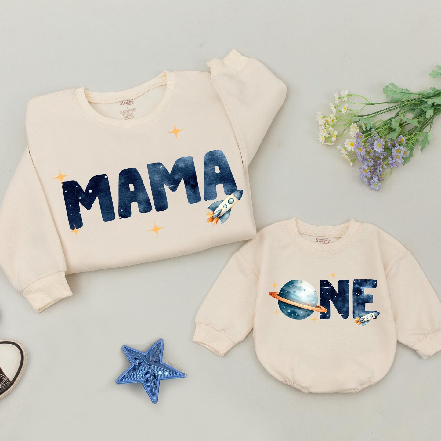Dada Mama One Space Birthday Sweatshirt Galaxy First Trip Around The Sun Rocket Ship Outfit Personalized 1st Birthday Boy Astronaut Theme Family Gift (139)