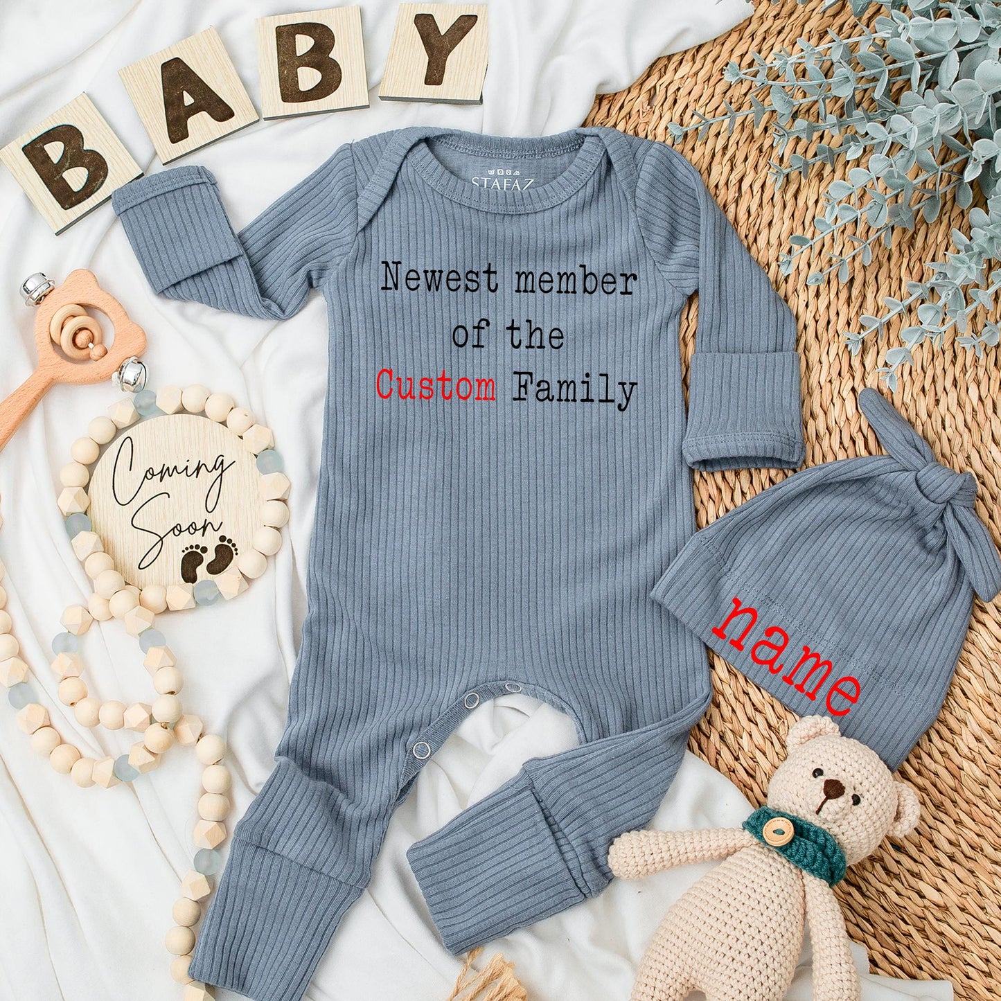 Personalized Newest Member Bodysuit & Hat Set, Custom Family Baby Outfit, Cute Newborn Clothes, Announcement Gift, Baby Shower, Comfy Cotton Blend