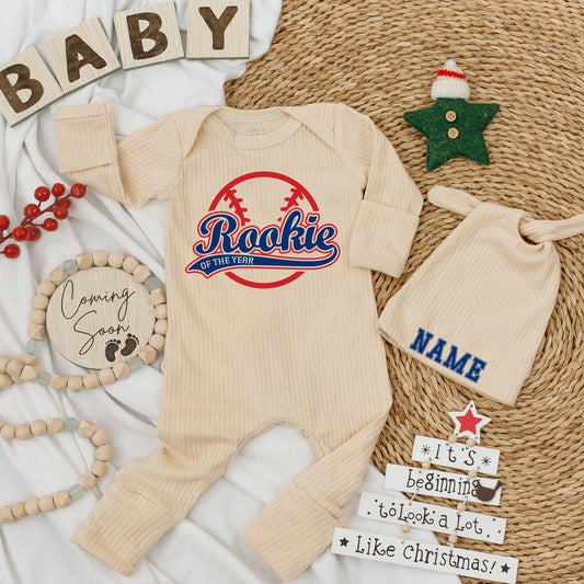 Rookie of The Year Baseball Baby Bodysuit Set, Personalized Hat, Sporty Newborn Outfit, Vintage Baby Shower Gift, Little All-Star Coming Home Outfit