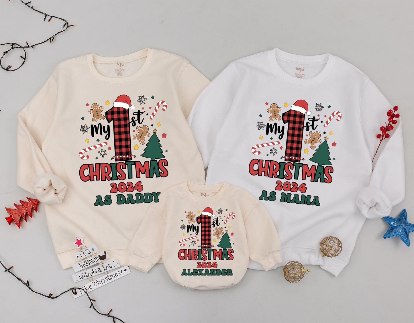 Matching Family 1st Christmas 2024 Sweatshirt, Buffalo Plaid Santa Hat Design, Personalized Christmas Outfit, First Christmas As Daddy