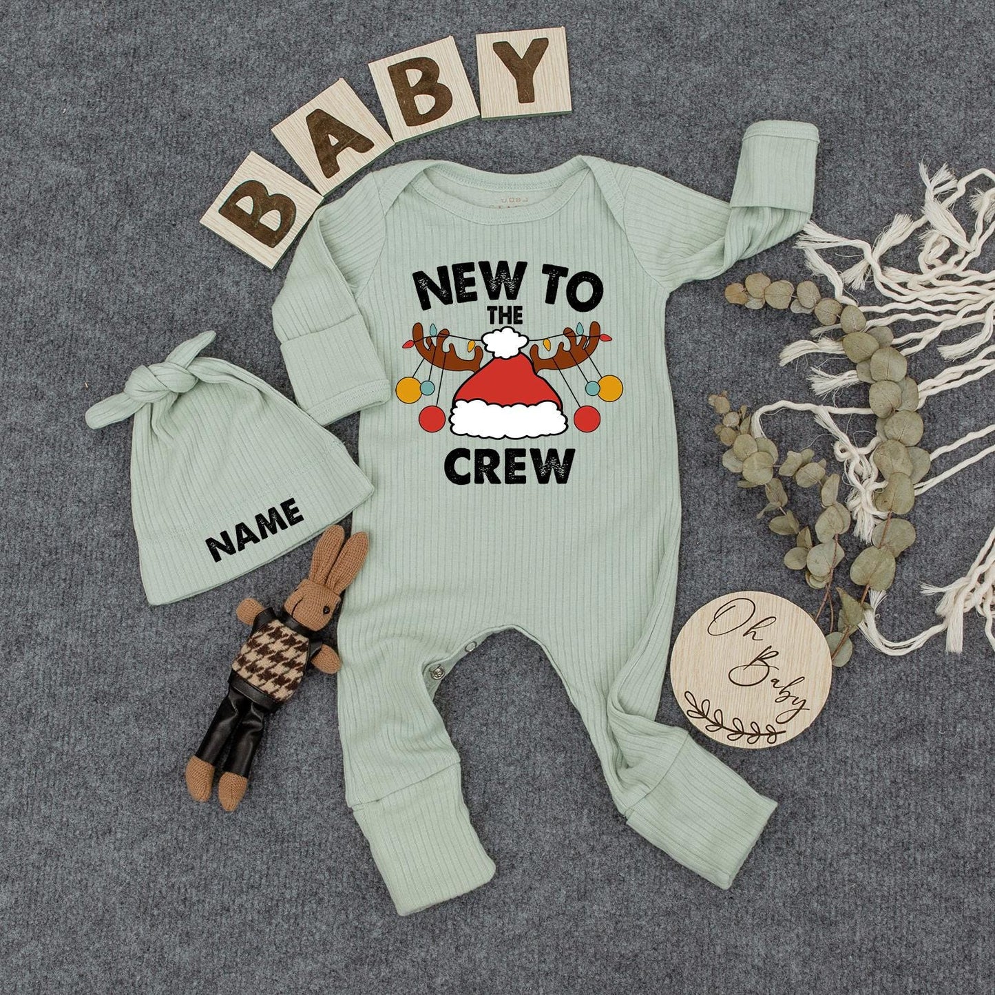 Personalized New To The Crew Christmas Baby Bodysuit Jumpsuit with Name Santa Hat Antlers Ornaments Newborn Coming Home First Holiday Gift Romper