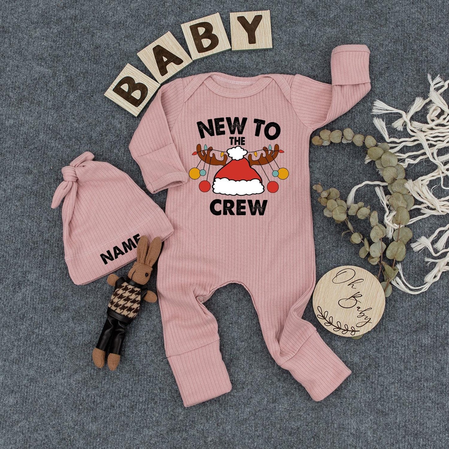 Personalized New To The Crew Christmas Baby Bodysuit Jumpsuit with Name Santa Hat Antlers Ornaments Newborn Coming Home First Holiday Gift Romper