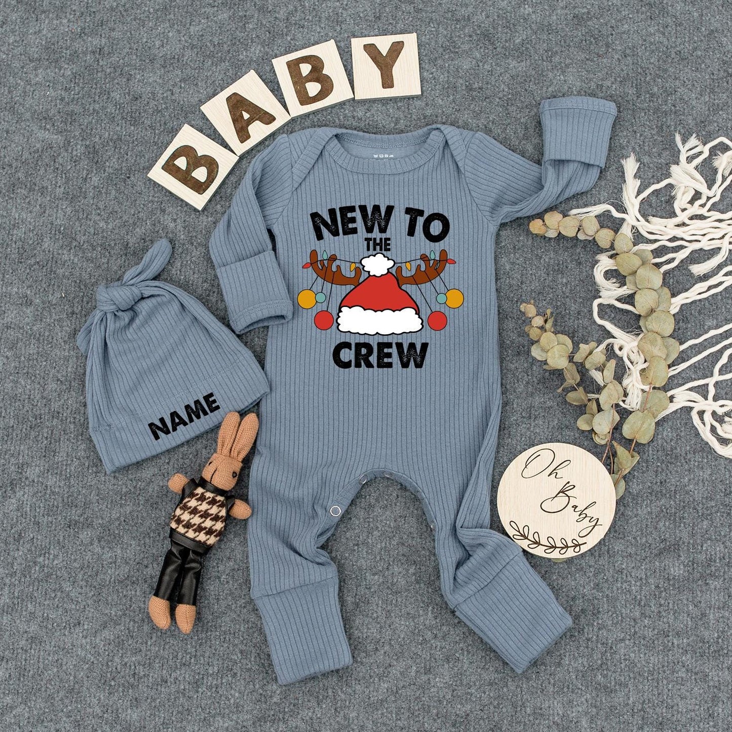 Personalized New To The Crew Christmas Baby Bodysuit Jumpsuit with Name Santa Hat Antlers Ornaments Newborn Coming Home First Holiday Gift Romper