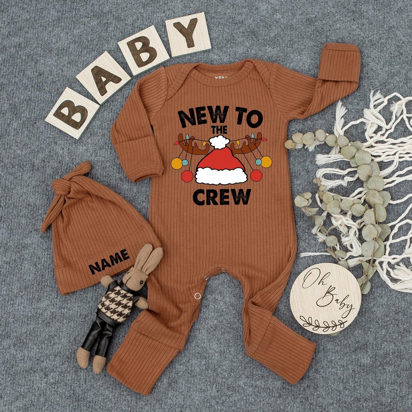Personalized New To The Crew Christmas Baby Bodysuit Jumpsuit with Name Santa Hat Antlers Ornaments Newborn Coming Home First Holiday Gift Romper