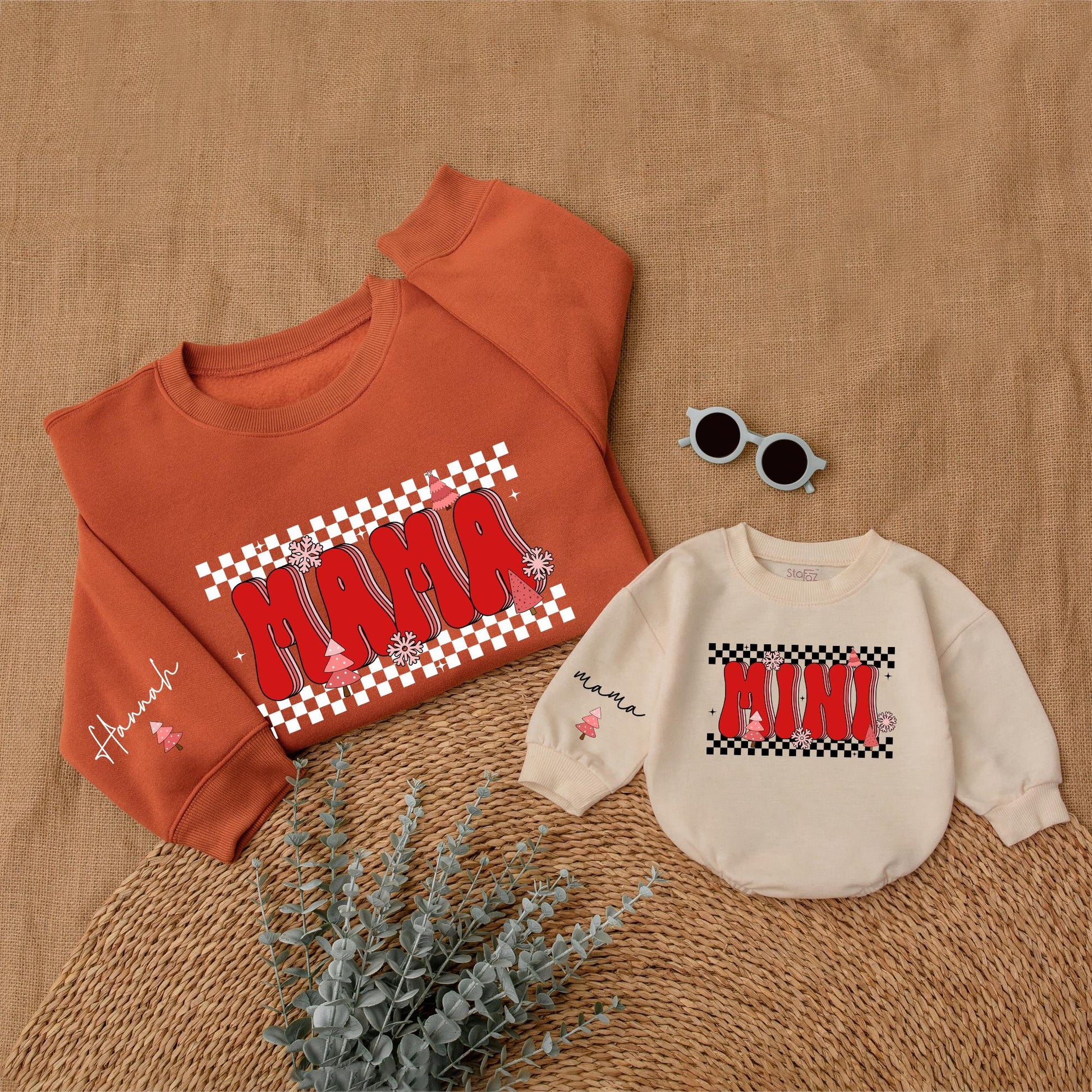 Matching Checkered Christmas Sweatshirts for Mom and Mini Family
