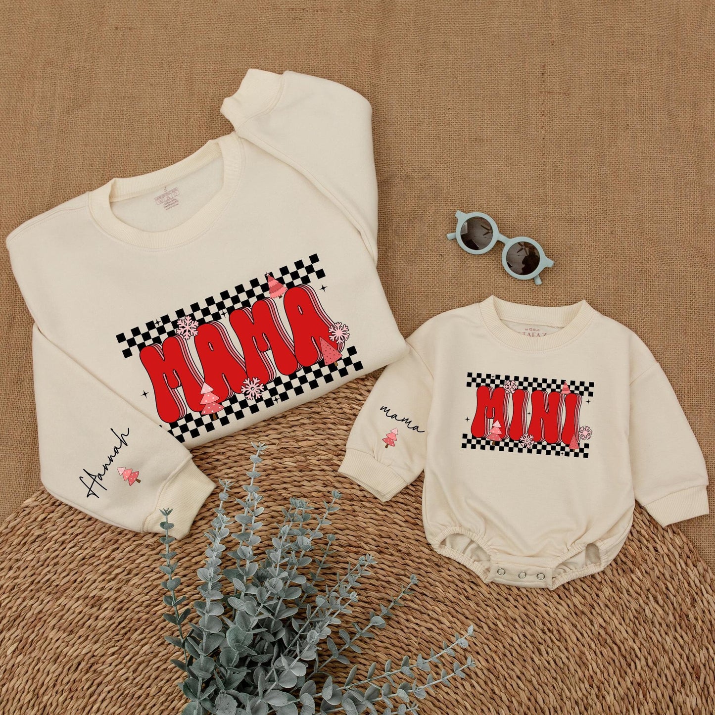 Matching Checkered Christmas Sweatshirts for Mom and Mini Family