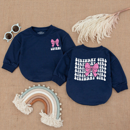 Pink Bow Birthday Girl Romper Baby Personalized JAVANI Name Retro Wavy Text Outfit First Birthday Celebration