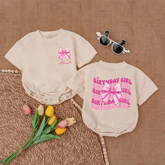First Birthday Personalized Pink Bow Romper, Baby Girl Outfit