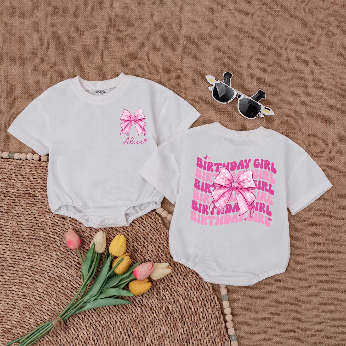 First Birthday Personalized Pink Bow Romper, Baby Girl Outfit