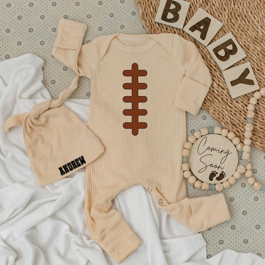Newborn Baby Football Bodysuit & Hat Set: Andrew Design, Retro Sporty Outfit, Perfect for Dad & Baby, Pregnancy Gift, Baby Boy Clothes