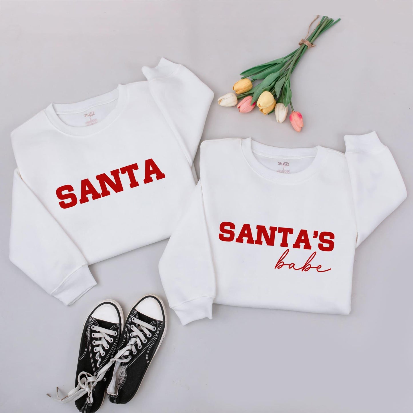Christmas Couple Matching Sweatshirts "SANTA" & "SANTA'S BABE" Red Text Holiday Outfits His & Hers Festive Sweaters for Couples