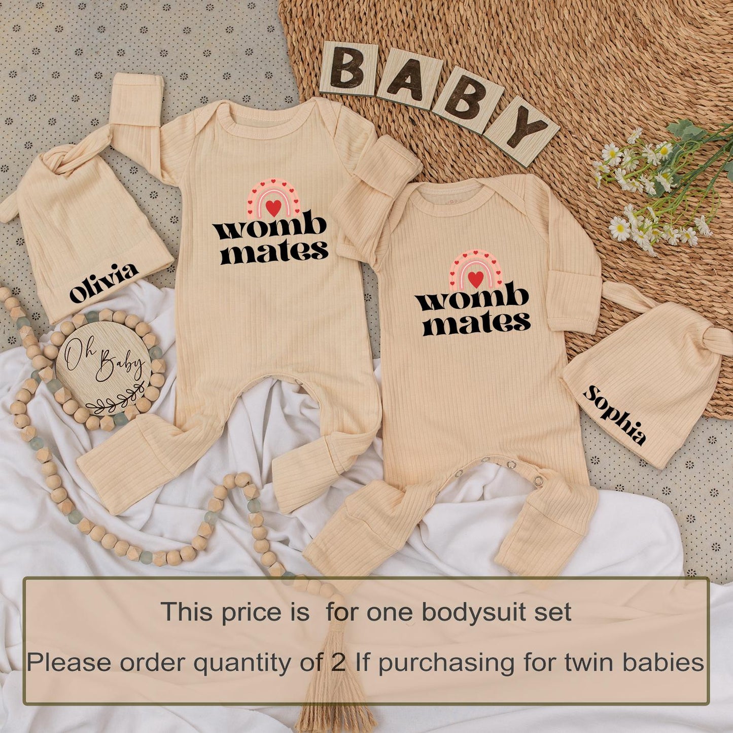 Womb Mates Twin Baby Bodysuit Set with Hats, Rainbow Heart Design | Newborn Girl or Boy Gift | Personalized Olivia & Sophia Matching Outfit 136