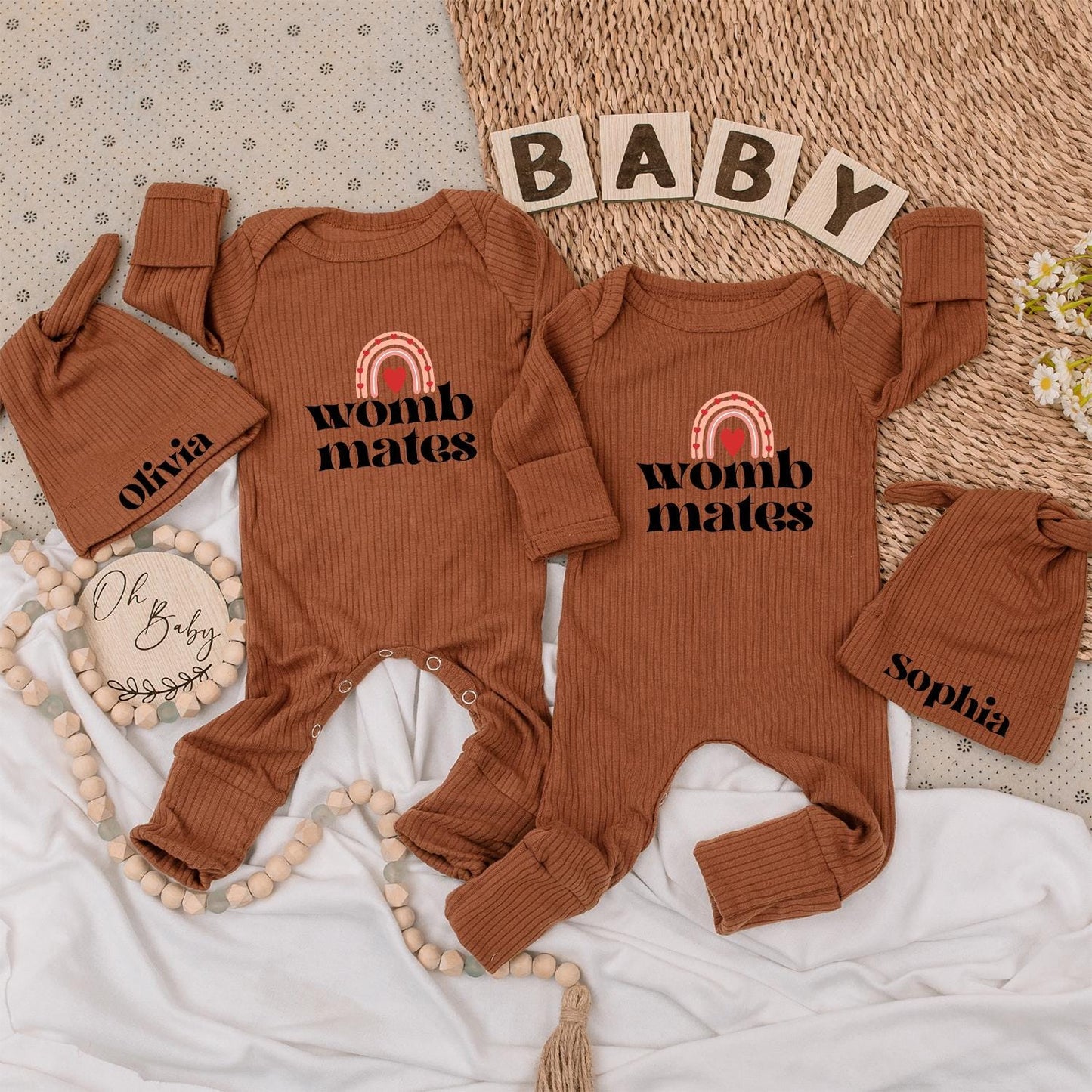 Womb Mates Twin Baby Bodysuit Set with Hats, Rainbow Heart Design | Newborn Girl or Boy Gift | Personalized Olivia & Sophia Matching Outfit 136
