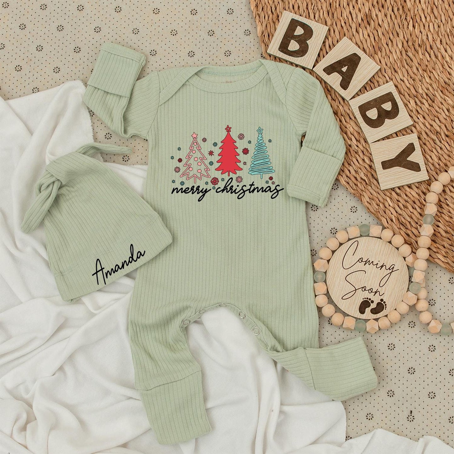 Merry Christmas Baby Bodysuit & Hat Set with Pink, Red, Teal Trees, Cursive Text and Amanda Hat Newborn Outfit Xmas Baby Girl Gift