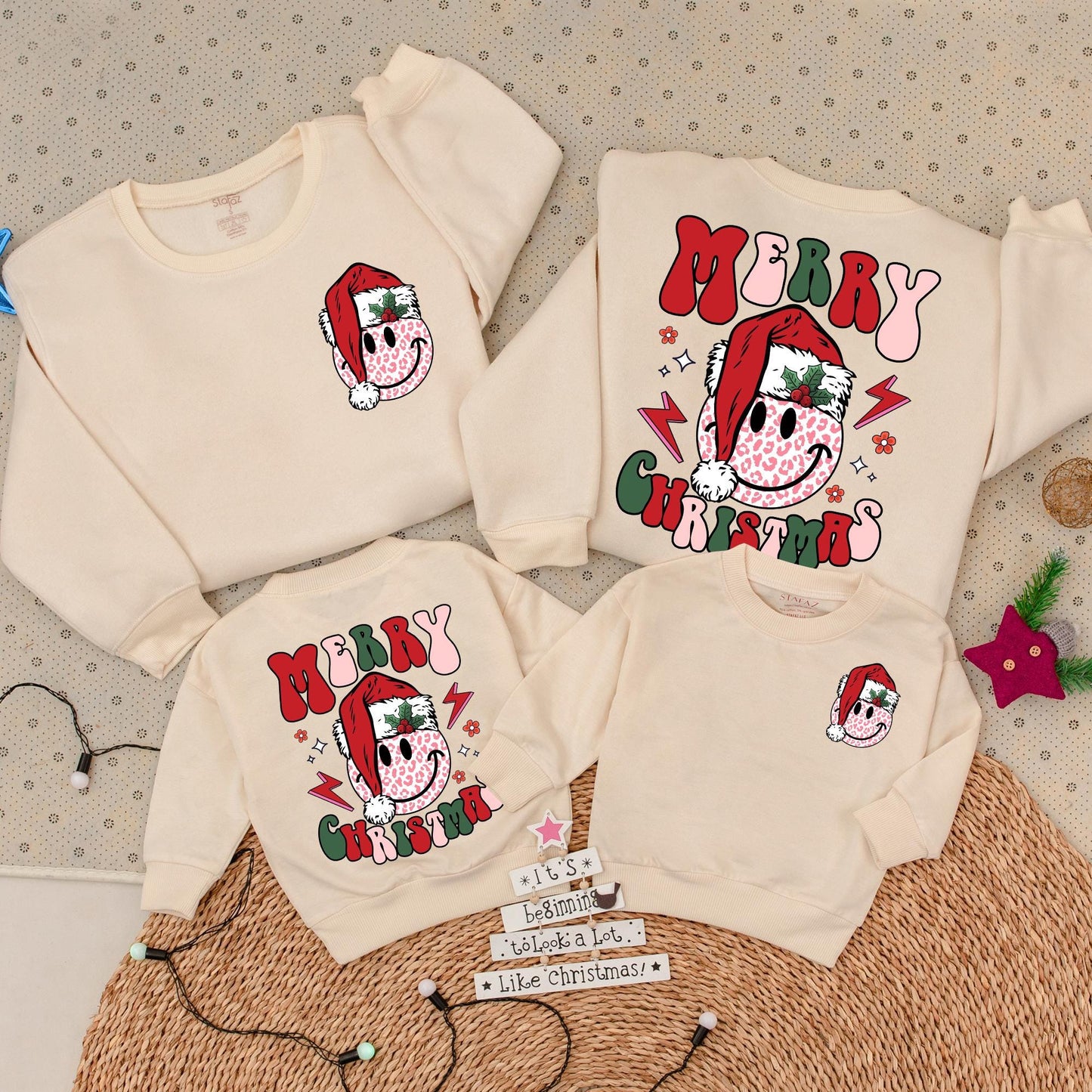 Groovy Smiley Leopard Christmas Sweatshirt | Family Holiday Outfit