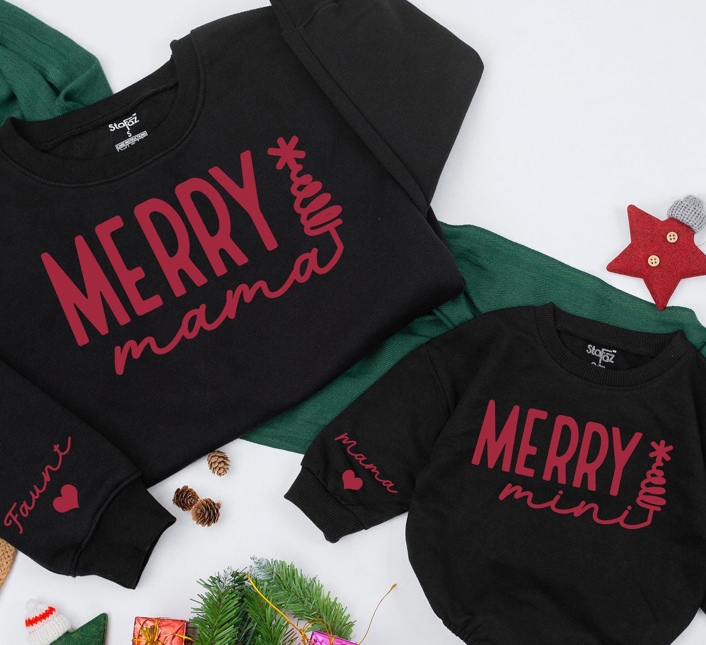 Personalized Merry Mama and Mini Matching Sweatshirts Custom Name Family Christmas Outfit Mama and Baby Girl Daughter Holiday Gift
