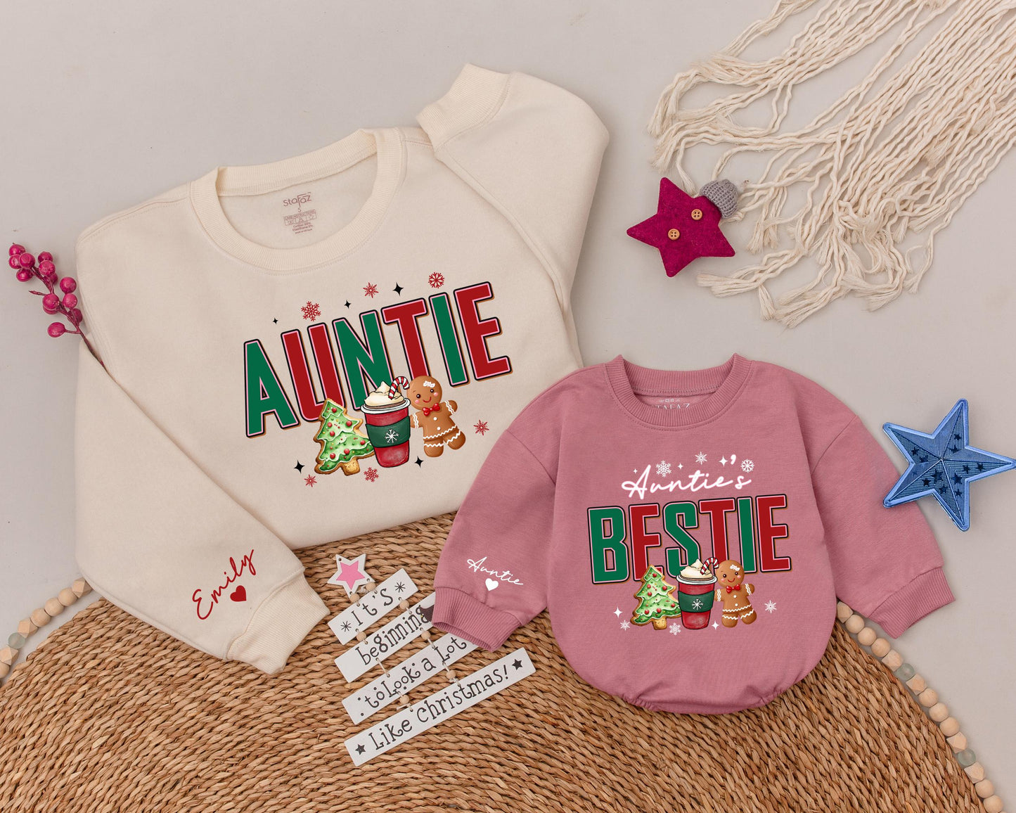 Matching Auntie and Bestie Christmas Sweatshirts Festive Gingerbread Cookie Holiday Design Auntie and Me Baby Outfit Aunt Niece Gift