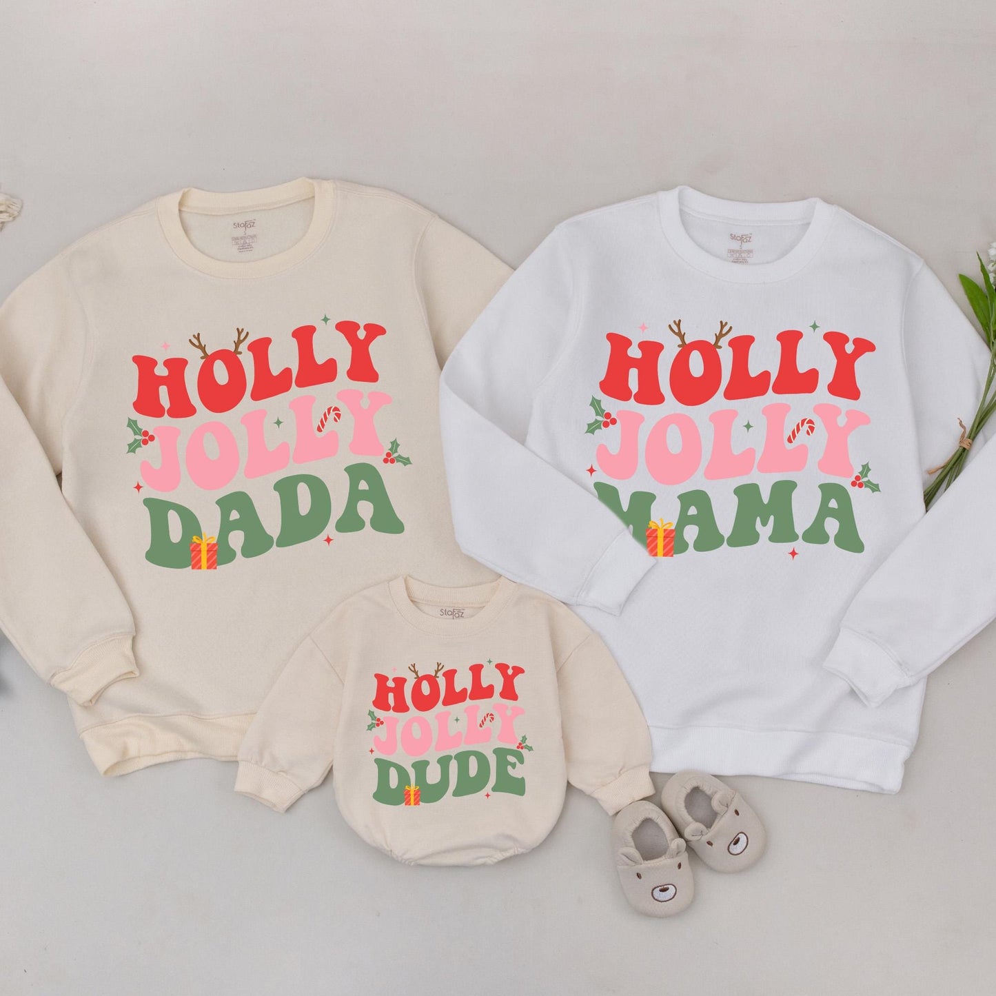 Personalized Holly Jolly Family Christmas Sweatshirt Matching Retro Holiday Crewneck Sweater for Mom Dad Brother Dude Festive Gift