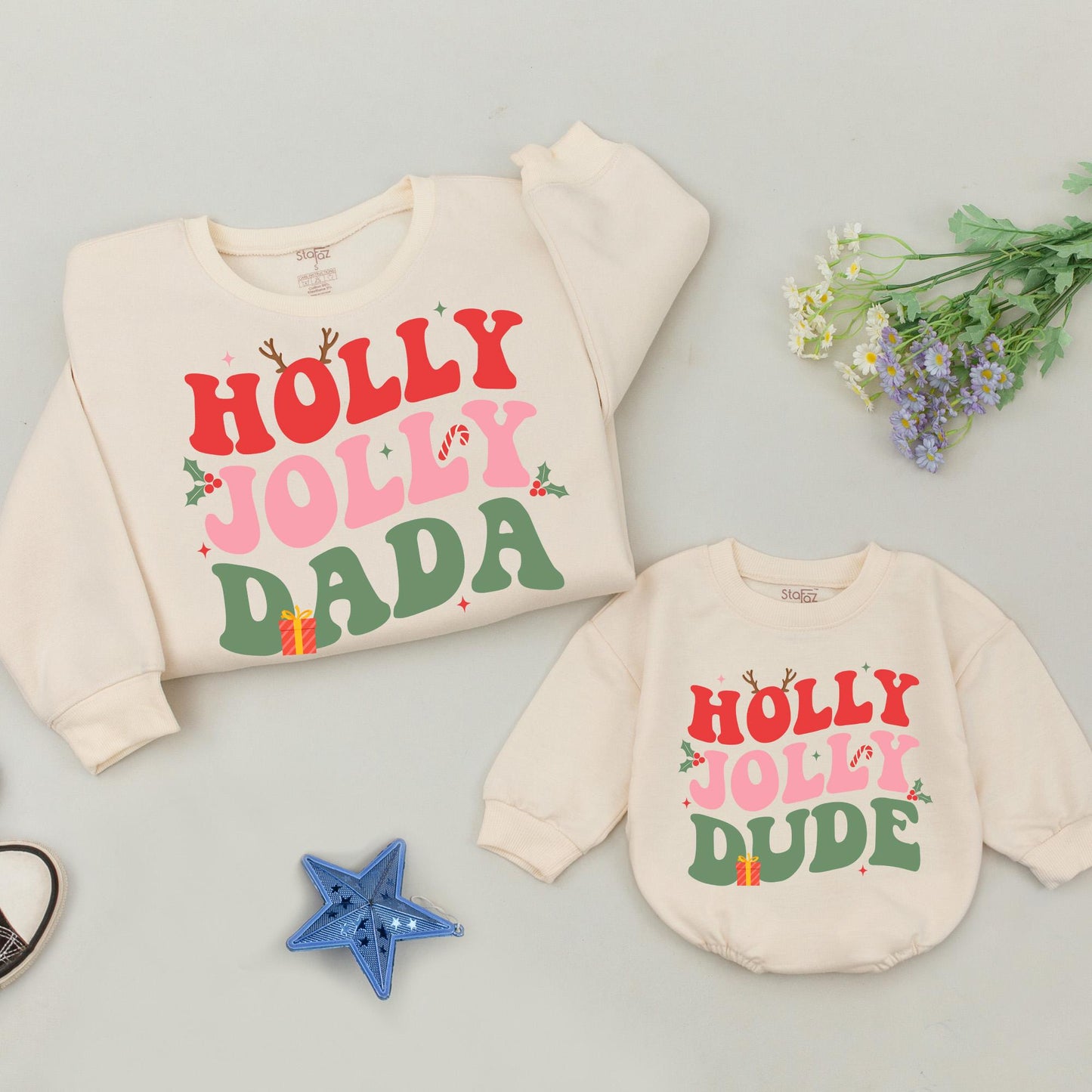 Personalized Holly Jolly Family Christmas Sweatshirt Matching Retro Holiday Crewneck Sweater for Mom Dad Brother Dude Festive Gift