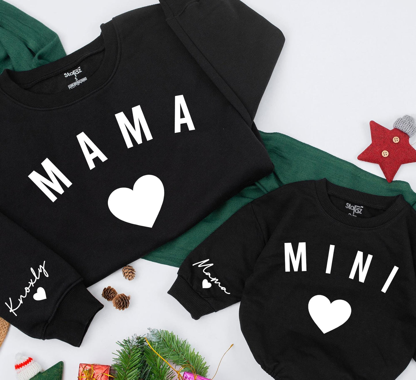 Personalized Mama and Mini Sweatshirt Knoxly Mama Sleeve Custom Black Heart Design Matching Family Outfits Baby Girl Gift