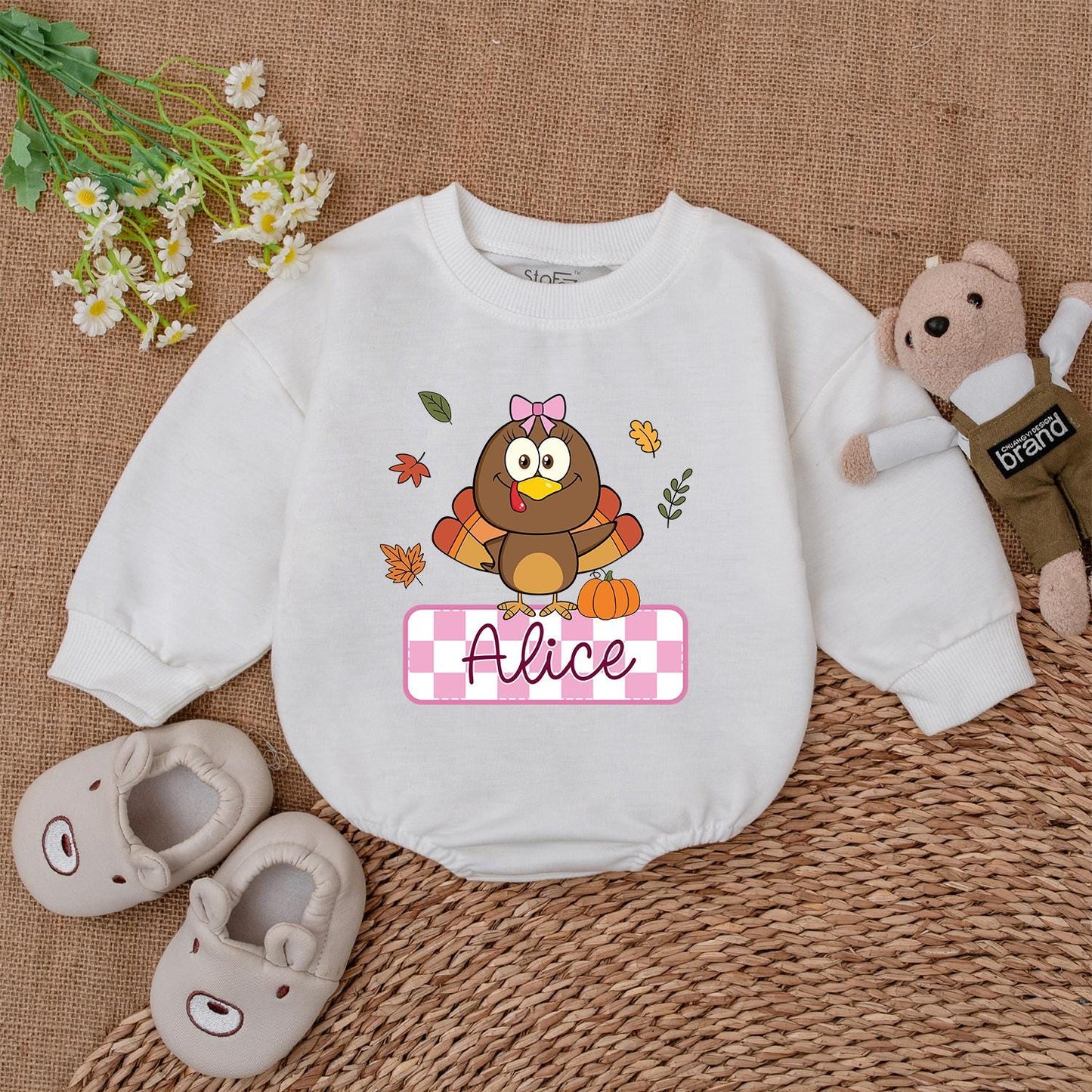 Personalized Thanksgiving Romper: Cute Turkey & Pumpkin Outfit, Custom Name Baby Bodysuit, Fall Leaves, Gingham Banner - Perfect Newborn Thanksgiving Gift