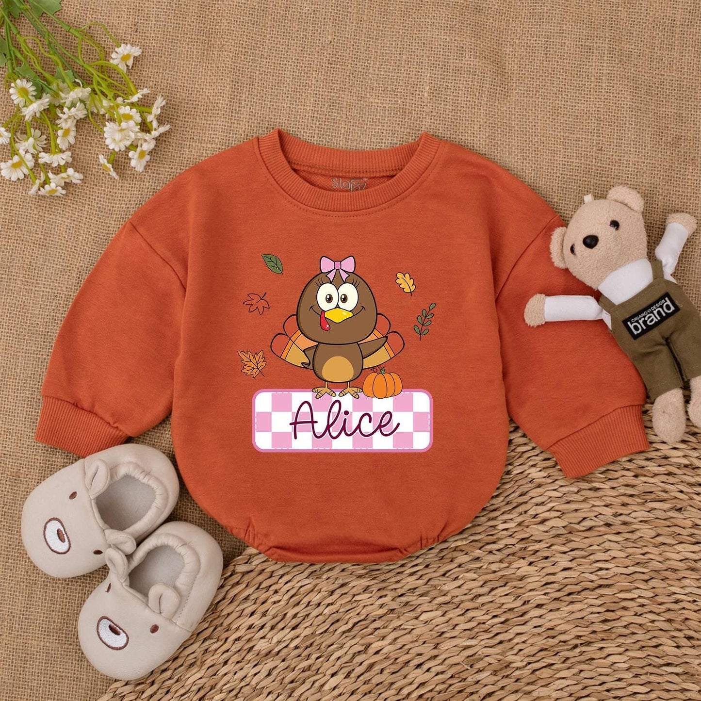 Personalized Thanksgiving Romper: Cute Turkey & Pumpkin Outfit, Custom Name Baby Bodysuit, Fall Leaves, Gingham Banner - Perfect Newborn Thanksgiving Gift