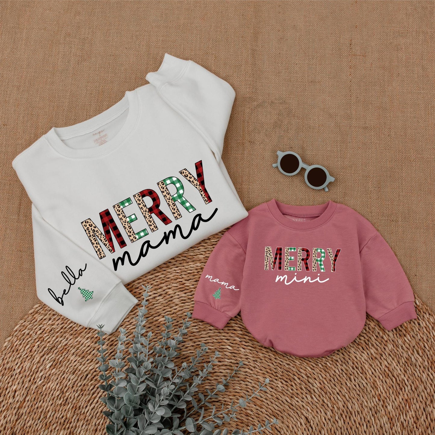 Merry Mama & Mini Christmas Sweatshirt Set Plaid Leopard Festive Matching Outfit Bella Romper Holiday Mommy and Me Family Outfit,Christmas Gift 138