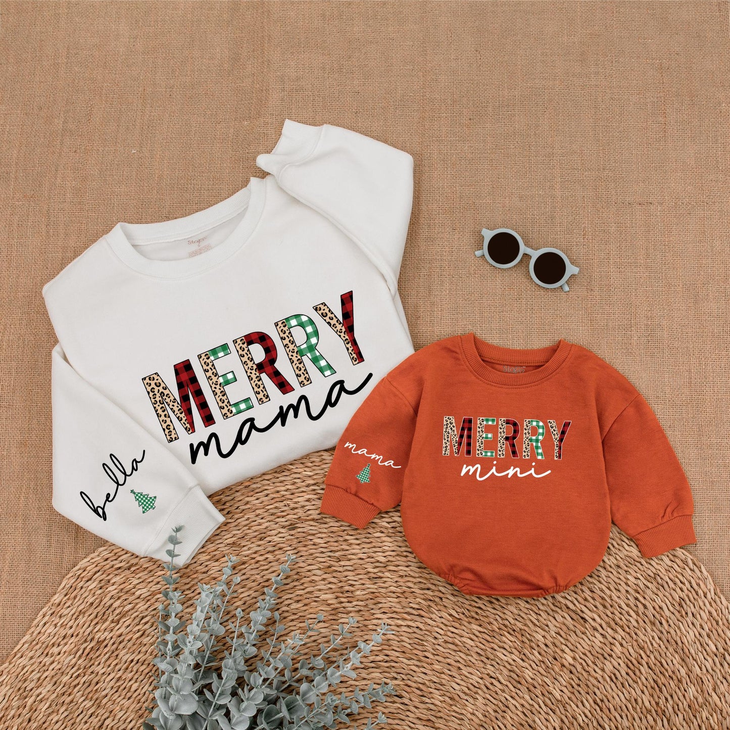 Merry Mama & Mini Christmas Sweatshirt Set Plaid Leopard Festive Matching Outfit Bella Romper Holiday Mommy and Me Family Outfit,Christmas Gift 138