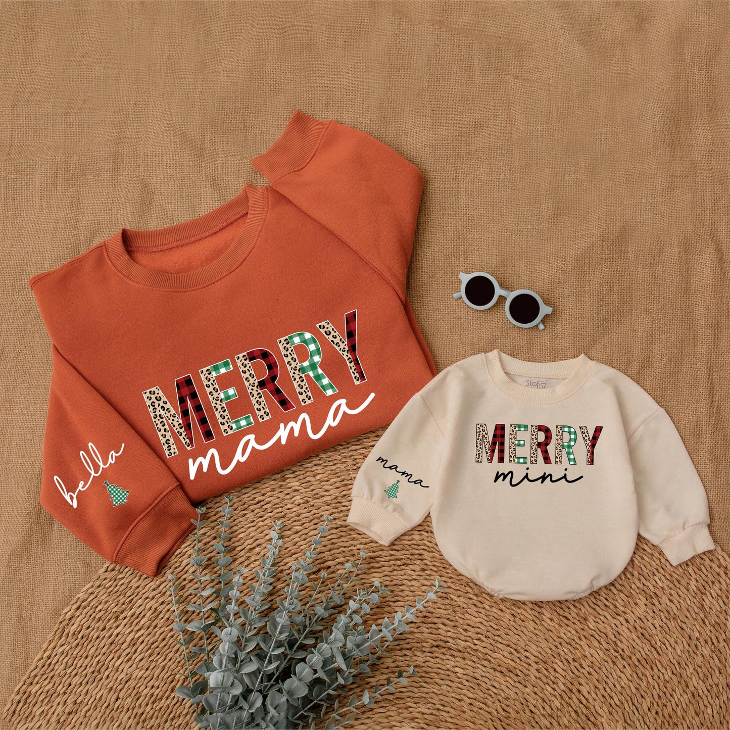 Merry Mama & Mini Christmas Sweatshirt Set Plaid Leopard Festive Matching Outfit Bella Romper Holiday Mommy and Me Family Outfit,Christmas Gift 138