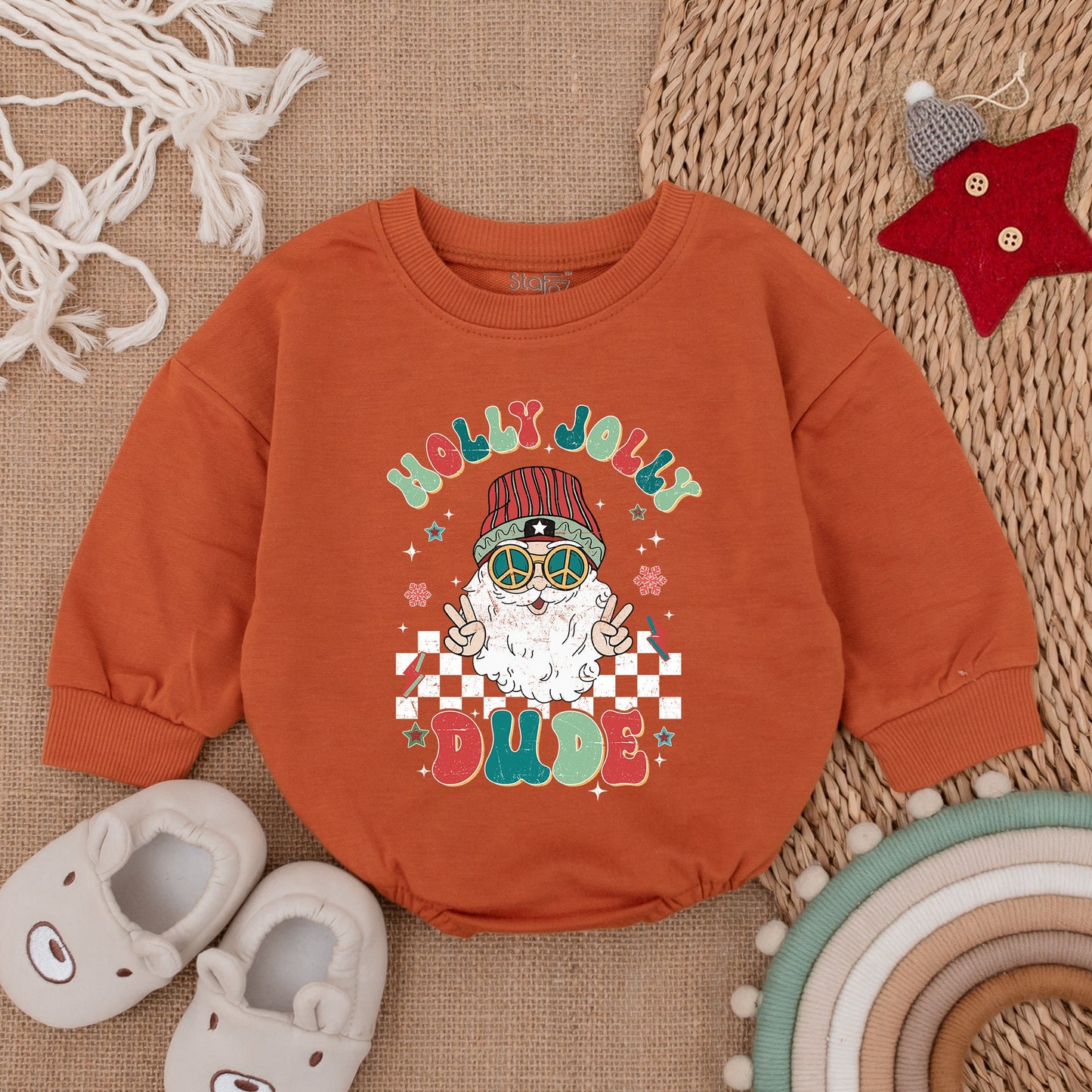 Holly Jolly Dude Baby Boy Christmas Romper Retro Santa Peace Sign Vintage Snowflakes Stars Baby Outfit