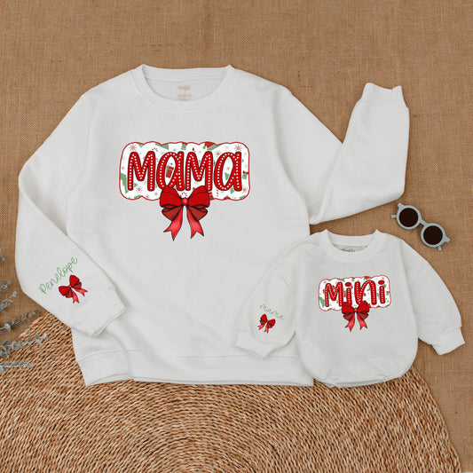 Matching Mama & Mini Christmas Sweatshirt Outfit, Red Bow Design, Baby Girl Romper Set, Holiday Family Pajamas, Festive Fun!