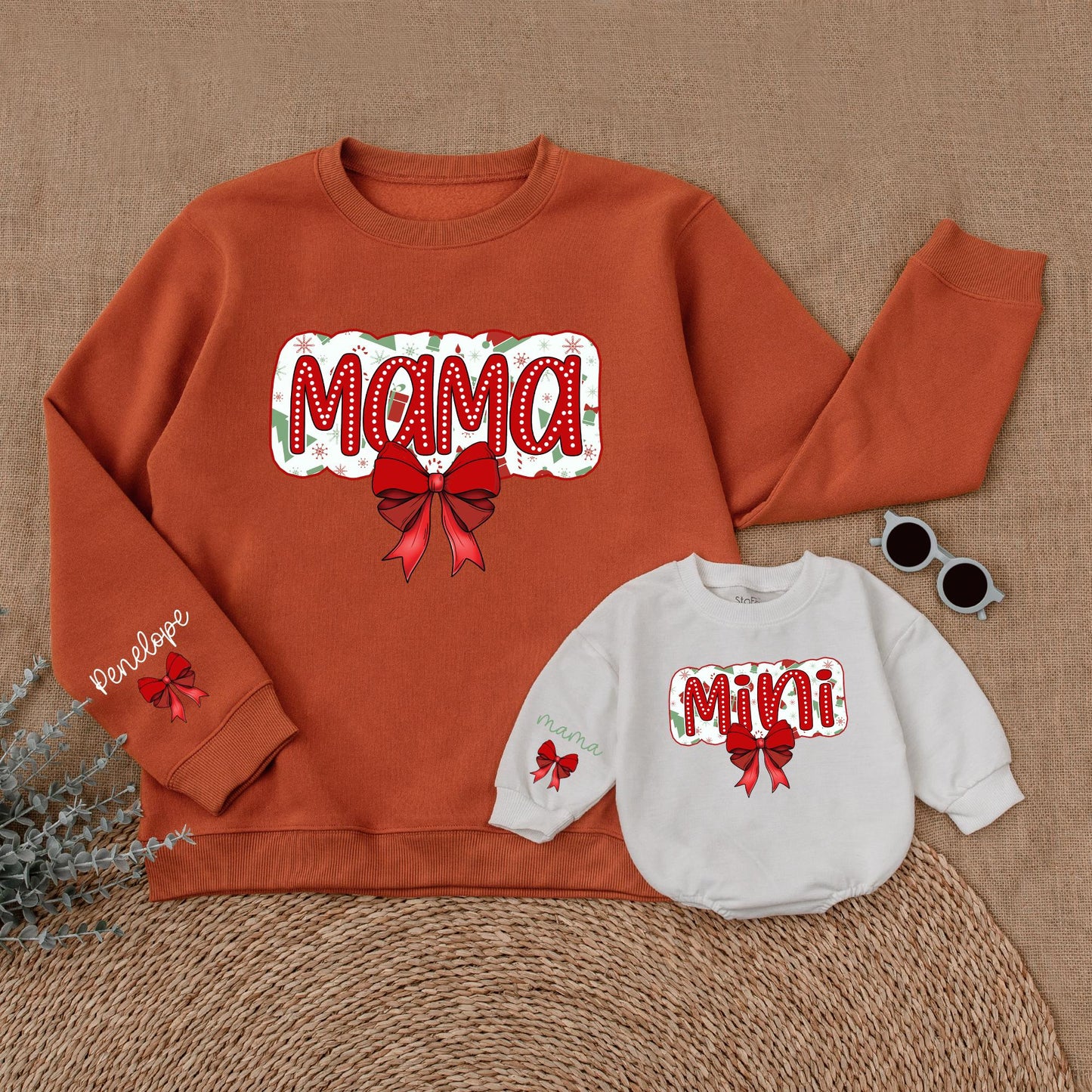 Matching Mama & Mini Christmas Sweatshirt Outfit, Red Bow Design, Baby Girl Romper Set, Holiday Family Pajamas, Festive Fun!