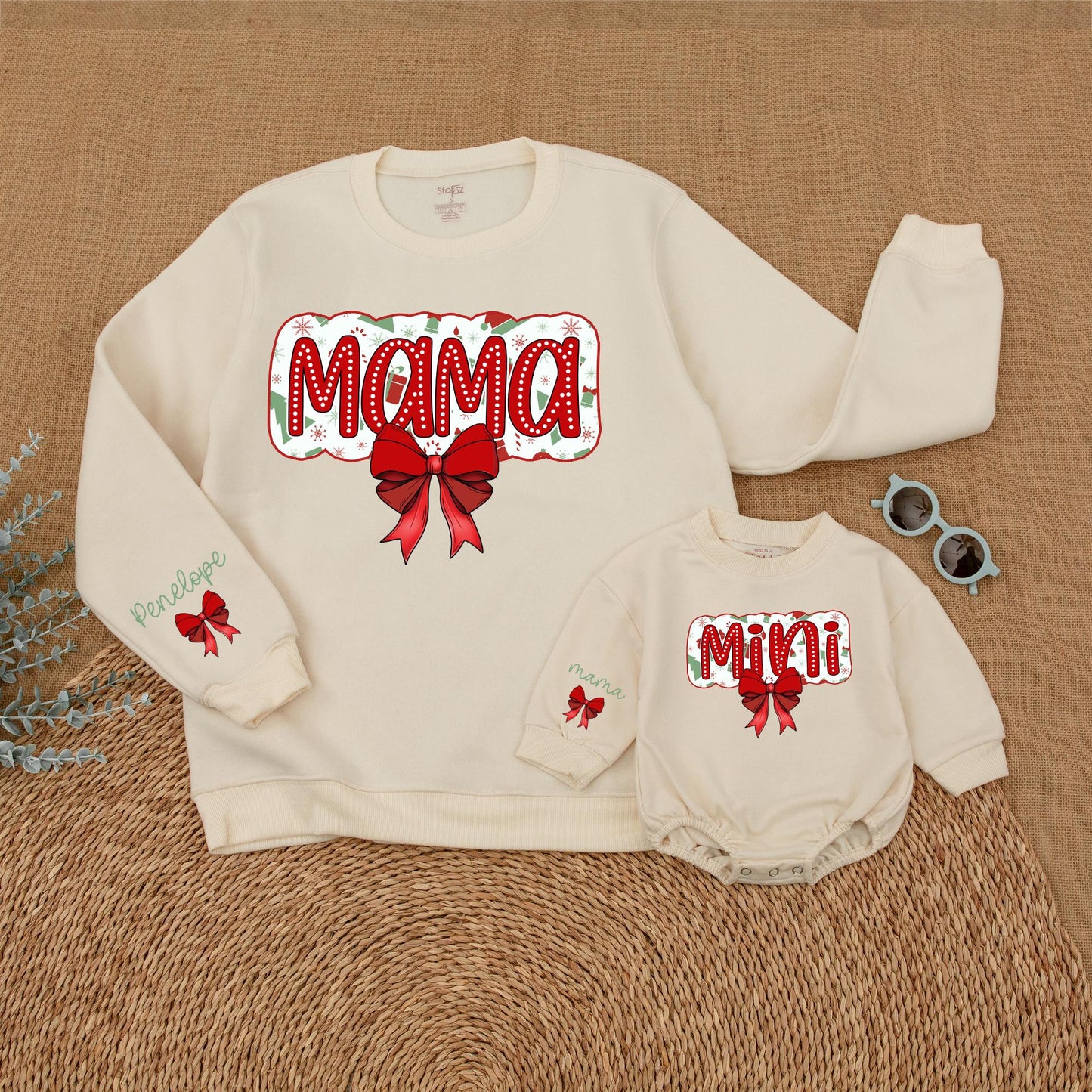 Matching Mama & Mini Christmas Sweatshirt Outfit, Red Bow Design, Baby Girl Romper Set, Holiday Family Pajamas, Festive Fun!