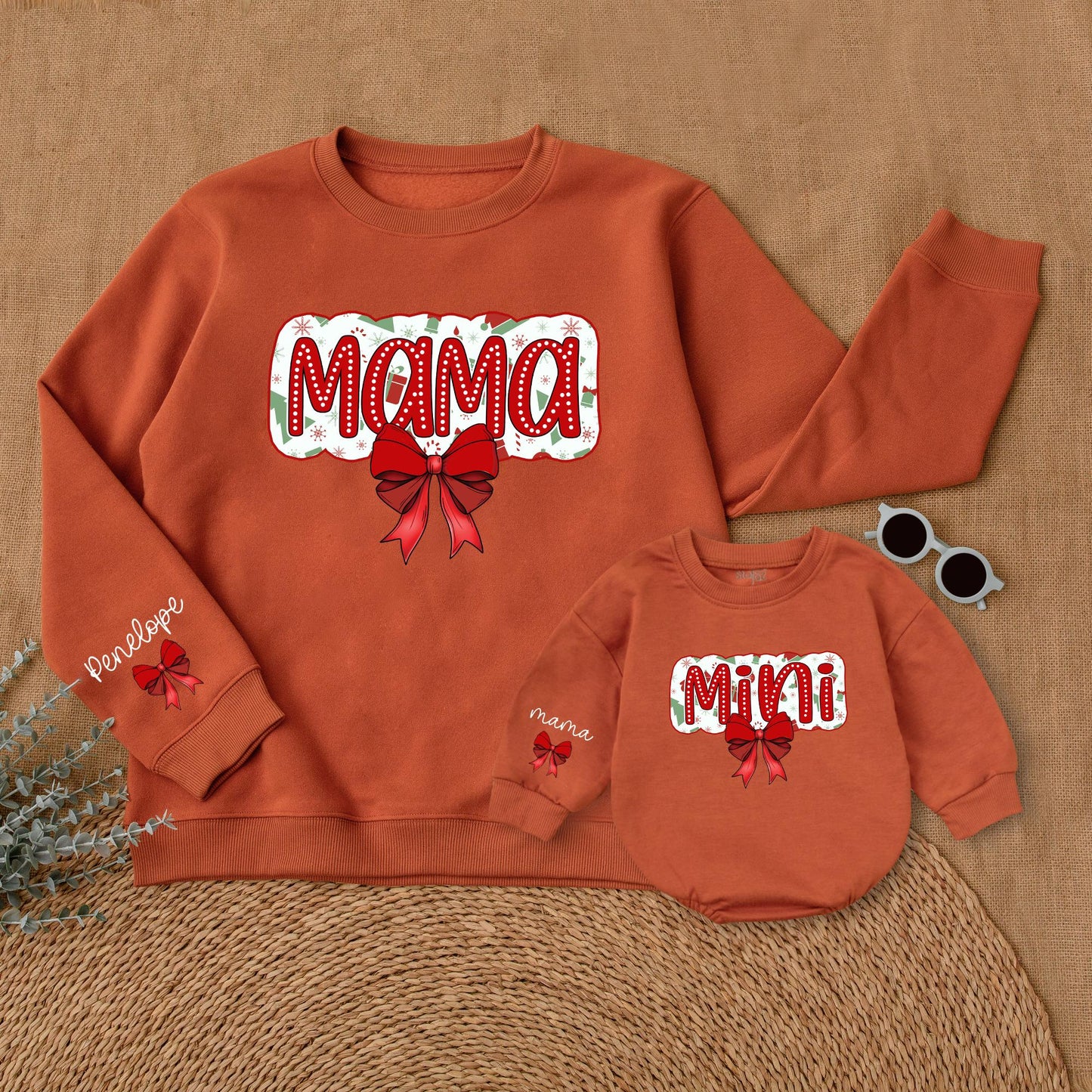 Matching Mama & Mini Christmas Sweatshirt Outfit, Red Bow Design, Baby Girl Romper Set, Holiday Family Pajamas, Festive Fun!