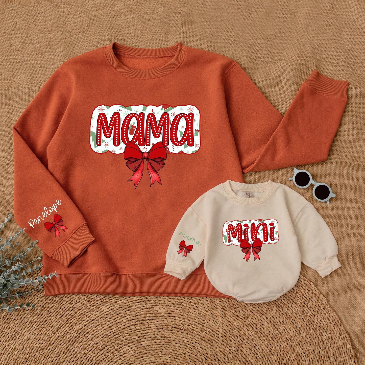 Matching Mama & Mini Christmas Sweatshirt Outfit, Red Bow Design, Baby Girl Romper Set, Holiday Family Pajamas, Festive Fun!