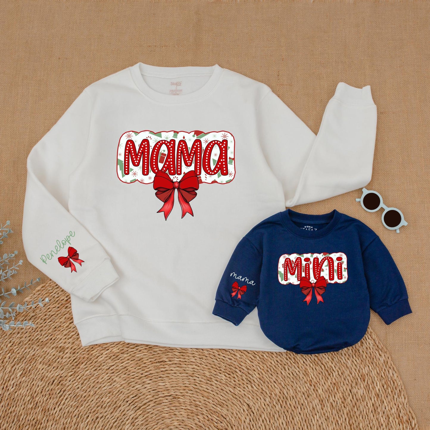 Matching Mama & Mini Christmas Sweatshirt Outfit, Red Bow Design, Baby Girl Romper Set, Holiday Family Pajamas, Festive Fun!