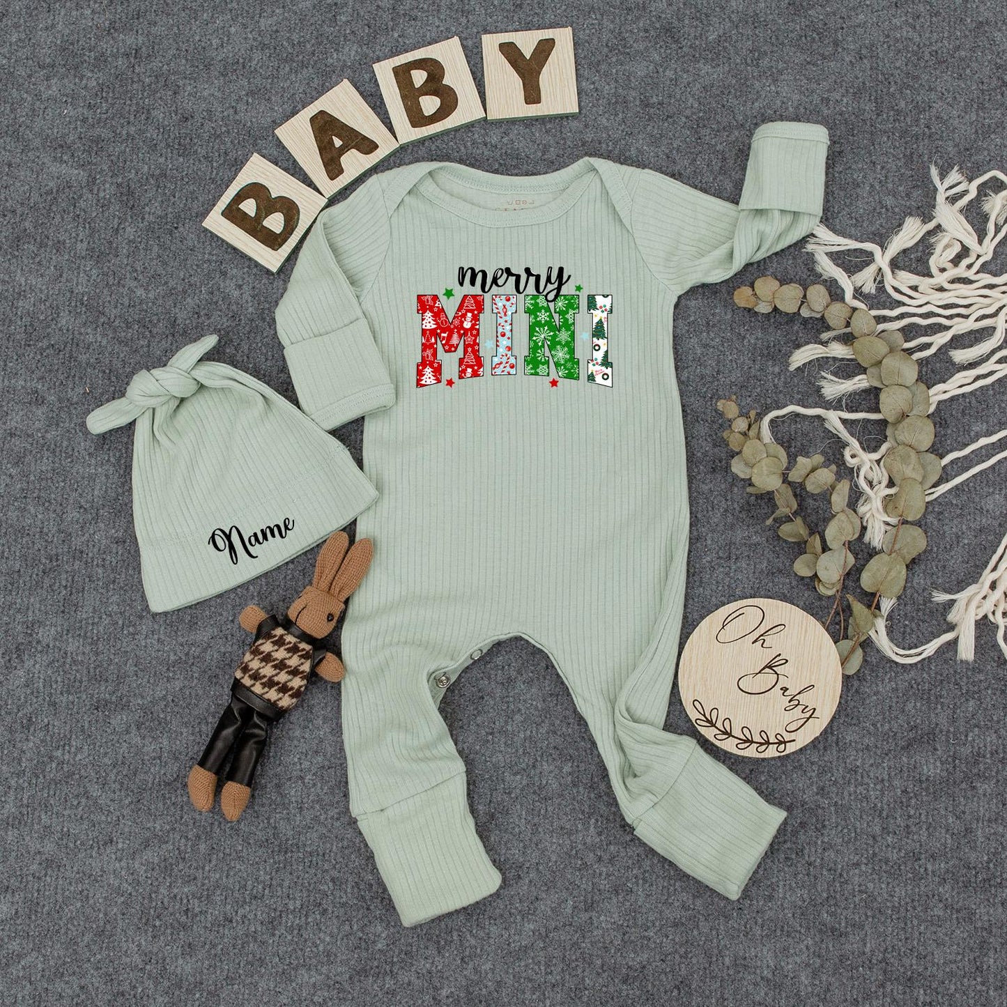 Personalized Merry Mini Christmas Baby Bodysuit Festive Holiday Outfit Green Red Snowman Ornament Pattern Newborn Romper Gift
