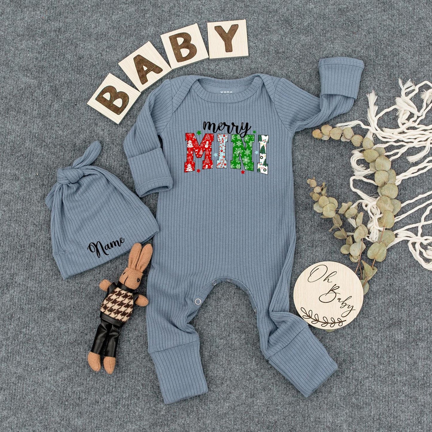 Personalized Merry Mini Christmas Baby Bodysuit Festive Holiday Outfit Green Red Snowman Ornament Pattern Newborn Romper Gift