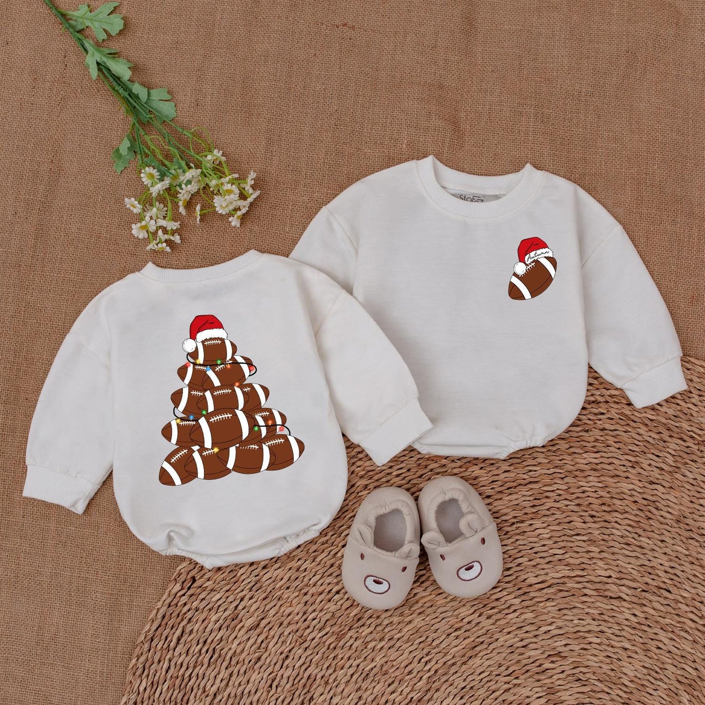 Personalized Baby Football Christmas Tree Romper First Christmas Outfit Festive Lights Santa Hat Playful Design Newborn Boy Girl Shower Gift Trendy