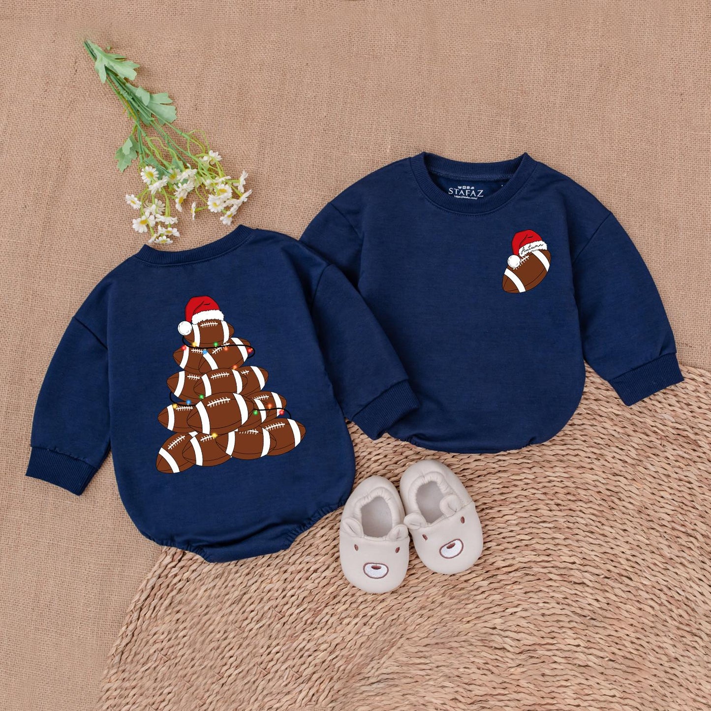 Personalized Baby Football Christmas Tree Romper First Christmas Outfit Festive Lights Santa Hat Playful Design Newborn Boy Girl Shower Gift Trendy