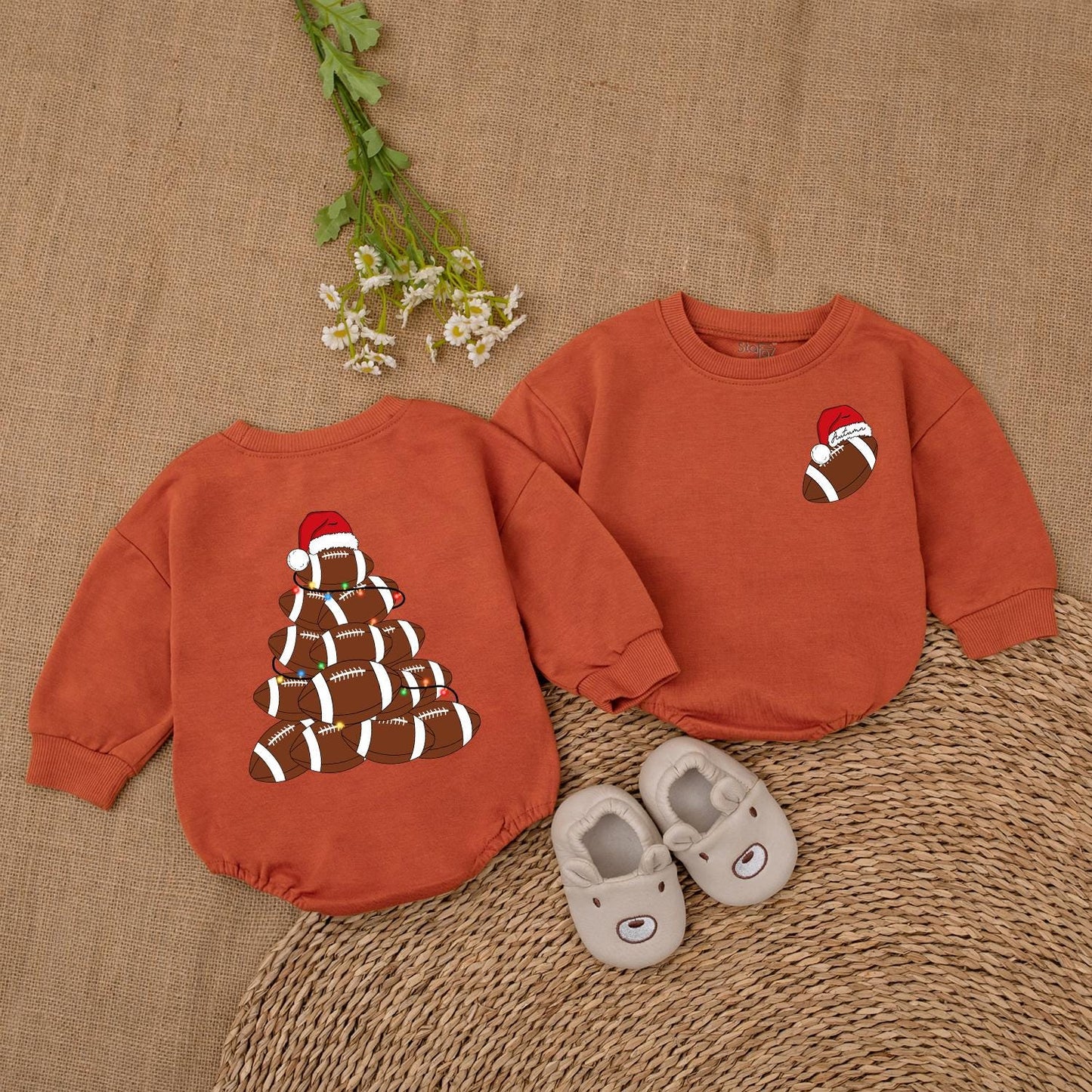 Personalized Baby Football Christmas Tree Romper First Christmas Outfit Festive Lights Santa Hat Playful Design Newborn Boy Girl Shower Gift Trendy